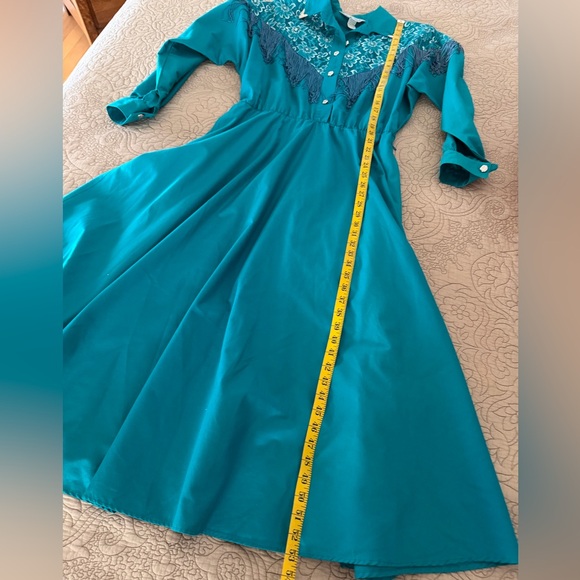 VTG 80s Lilia Guilty Smitty Smith Teal Green Fringed Western Cowgirl Maxi Dress - Picture 11 of 13